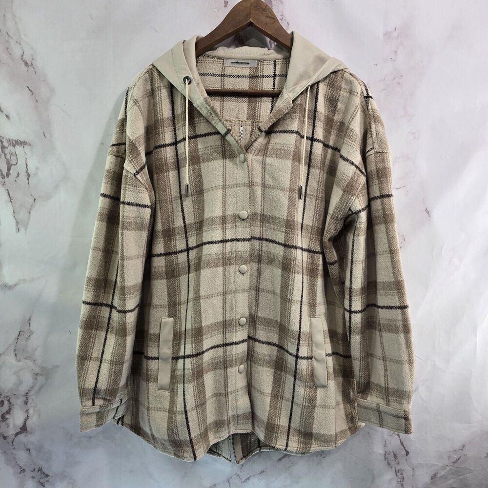 Maniere De Voir Jacket Womens XL Brown Wool Plaid Zip Back Faux Leather Hooded